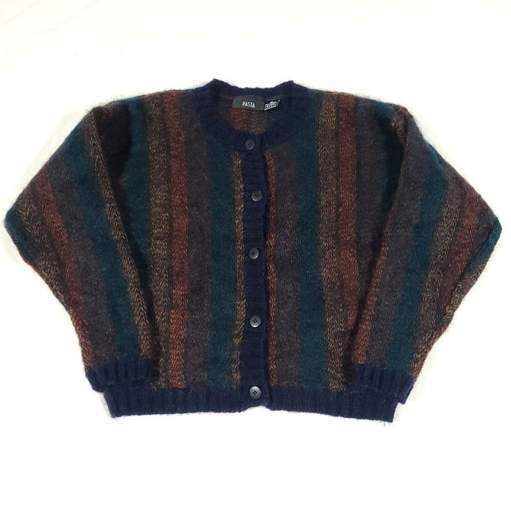 Vtg Fairy Grunge Knit Sweater Cardigan S Pasta Fuzzy Academia Striped Fall Cozy